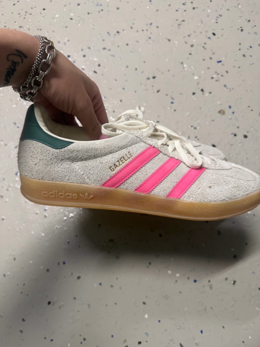 adidas White Suede Gazelle Sneaker with Pink Stripes